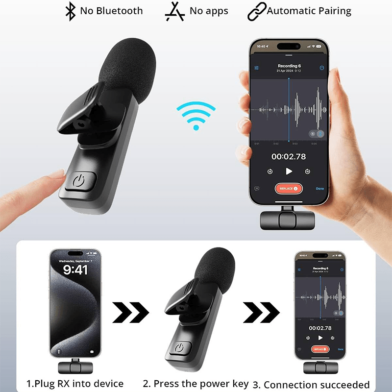 Wireless Lavalier Lapel Microphone for iPhone, iPad, Mini Video Recording Mic fo