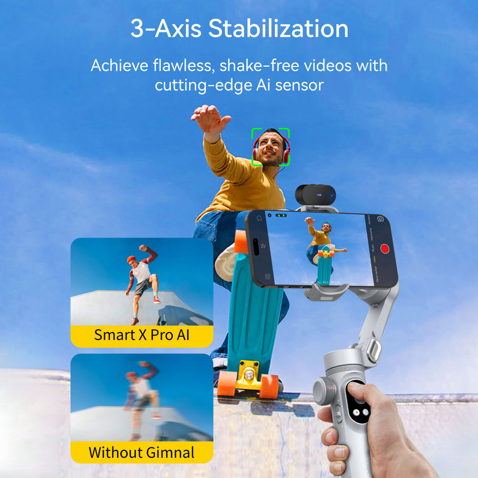 AOCHUAN Smart XPro Ai Grey Gimbal Stabilizer For iphone And Android 3-Axis Intel