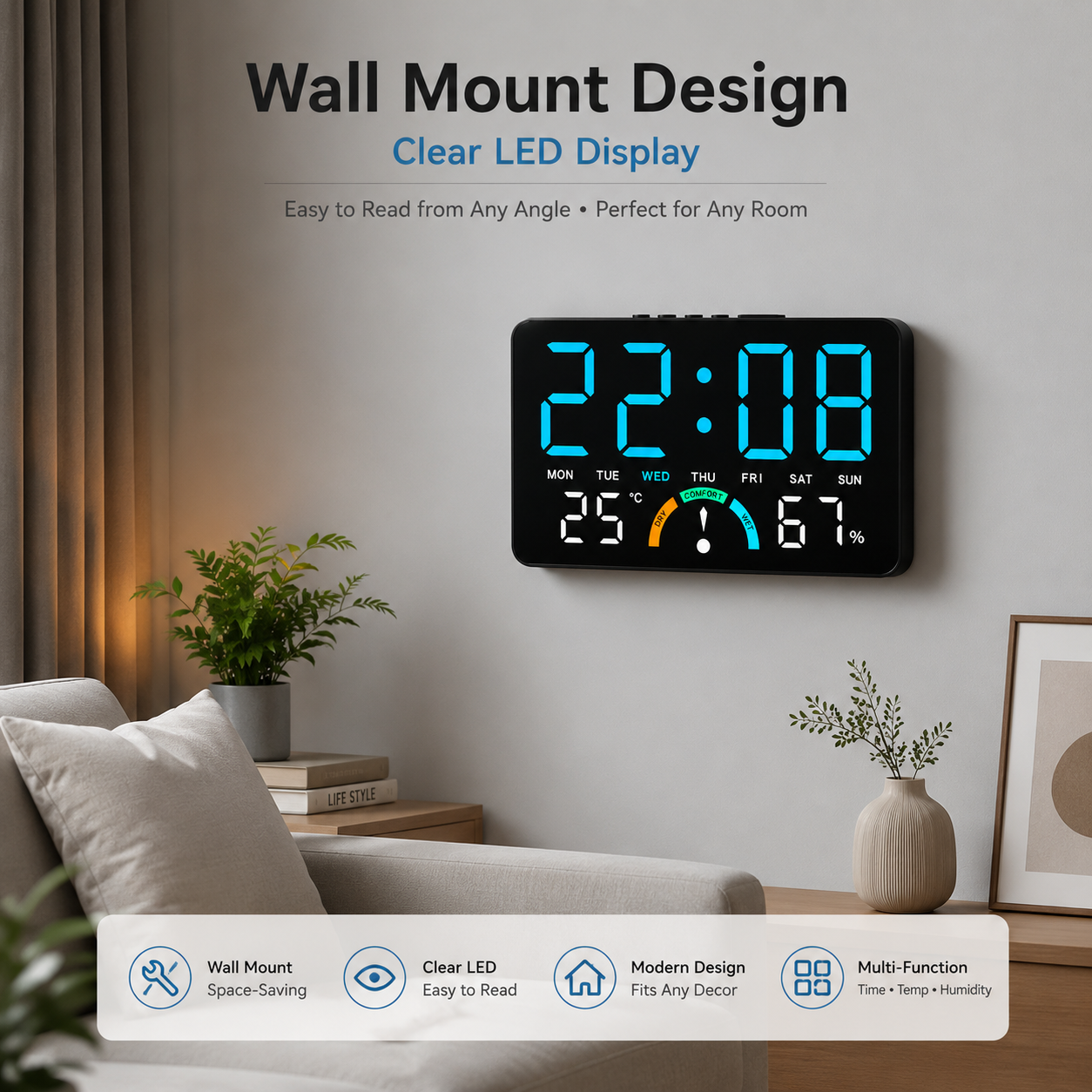 LED Digital Alarm Clock, Wall Mount & Desktop Electronic Clock with Large Time D