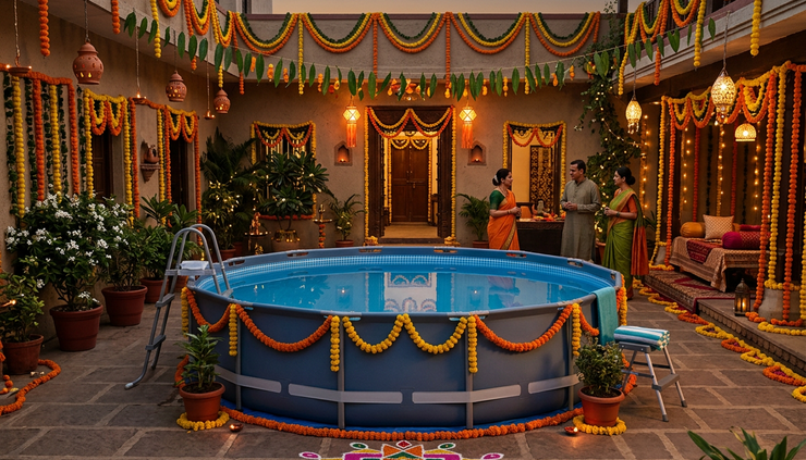 Eye-level view of an APX 365 series pool in a decorated courtyard
