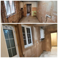 Two images of a kitchen under renovation. Exposed brick and plaster walls