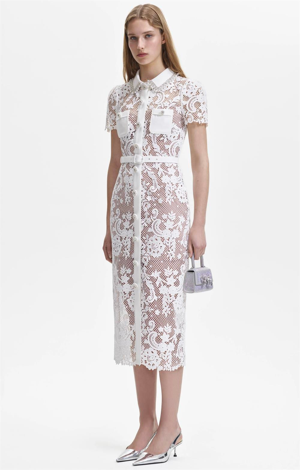 Kristal Taşlı Güpür Beyaz Elbise