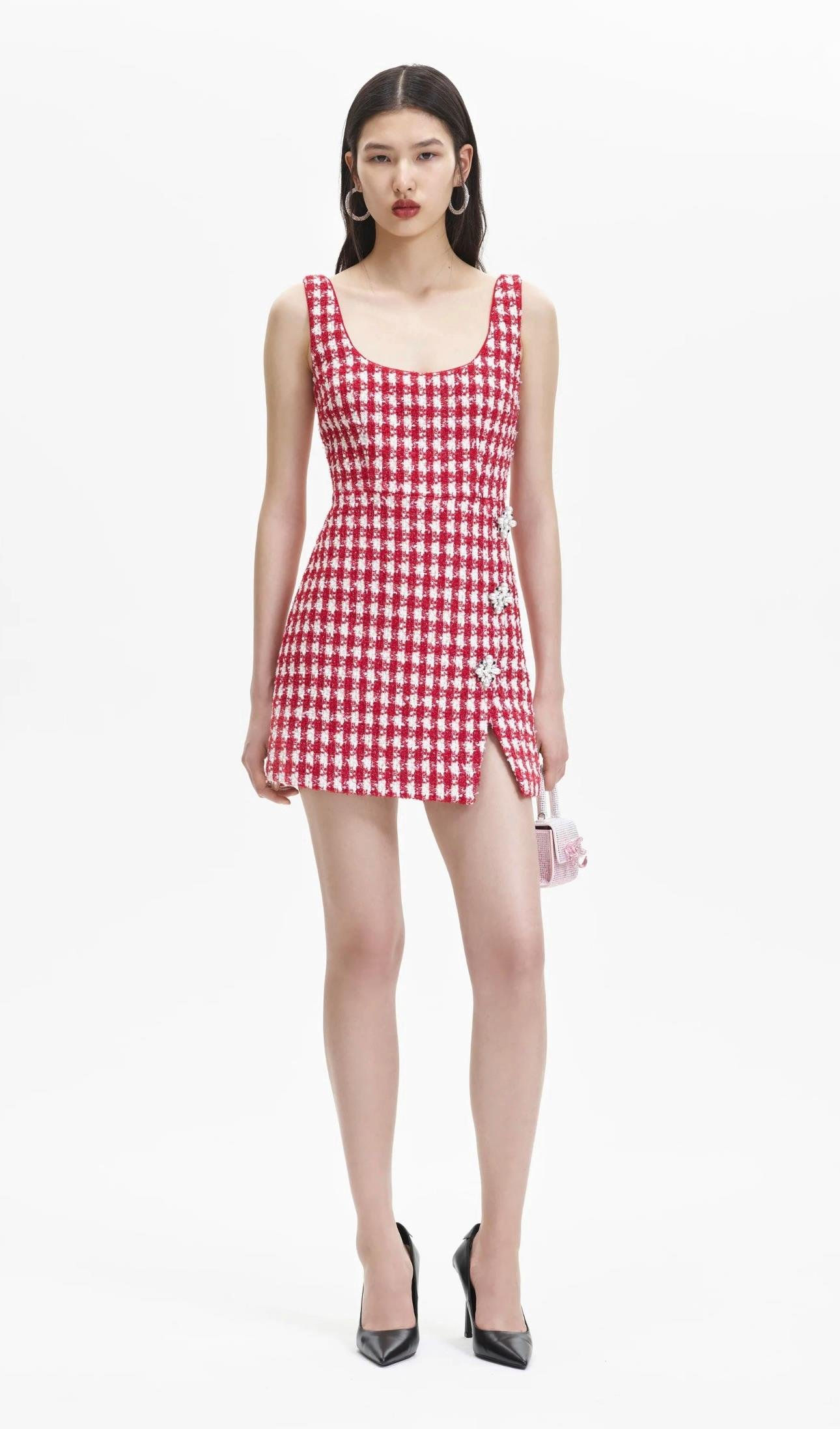 Kırmızı Ekoseli İnciLİ Tüvid Tasarım Elbise