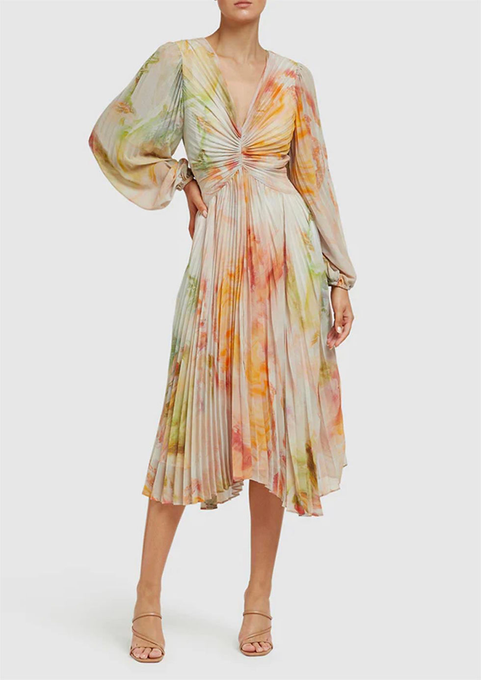 Küçük resim: Renkli Pileli Tasarım Midi Elbise