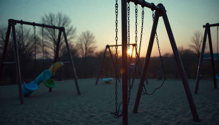 Eye-level view of a quiet, empty playground at dusk