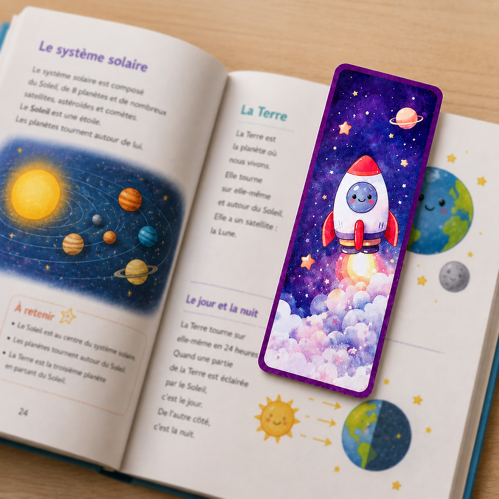 Marque-page en bois kawaii avec une jolie fusée mise dans un livre illustré sur l'espace