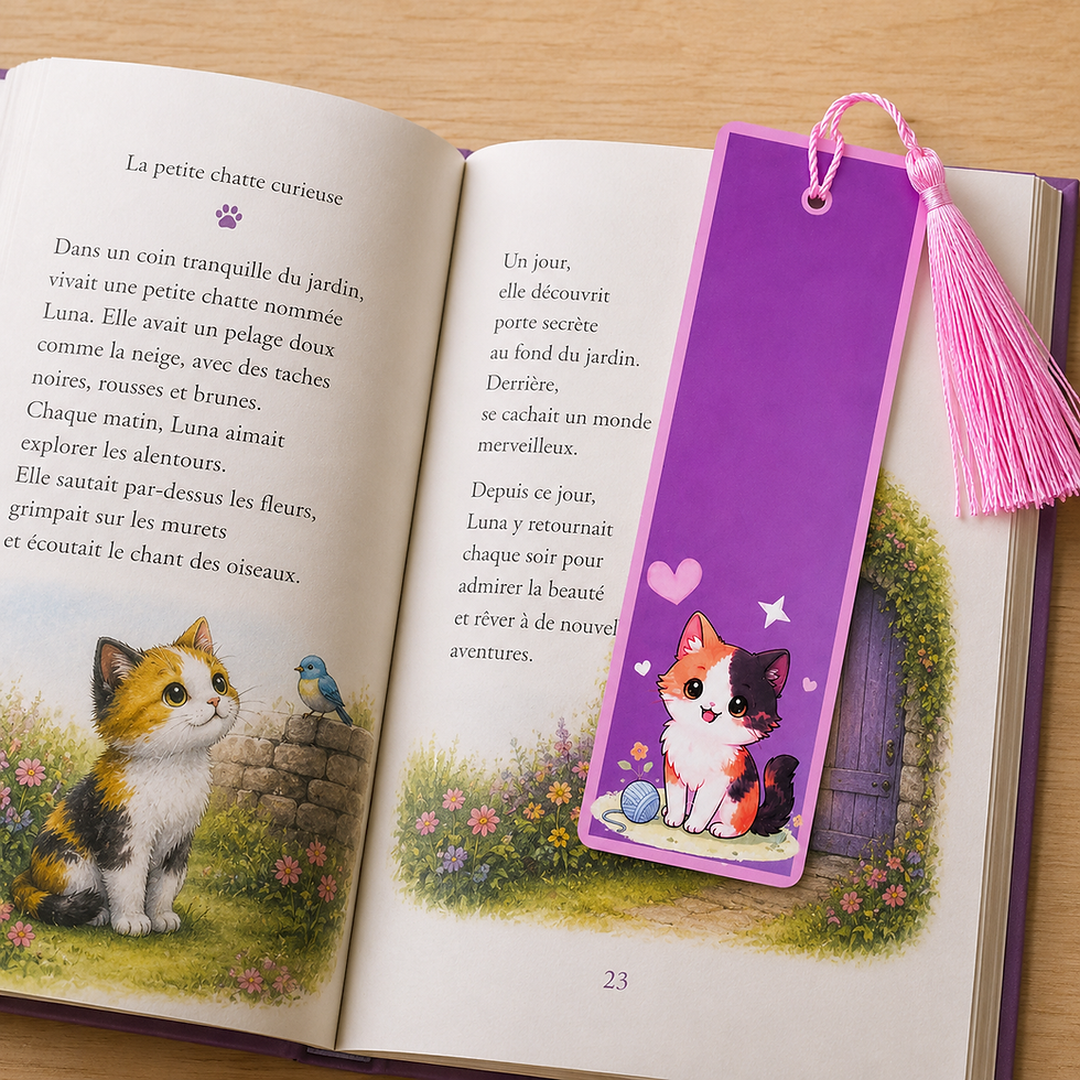 Marque-page en bois chat kawaii ton rose violet artisanal avec pompon bicolore beige et rose posé sur un livre