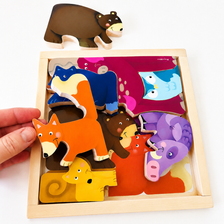 puzzle casse-tête en bois avec les animaux de la forêt dans une boite en bois, fabrication artisanale, 1 jouet 2 bois créations
