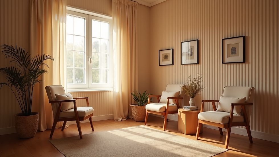 Eye-level view of a cozy therapy room with soft lighting and comfortable chairs