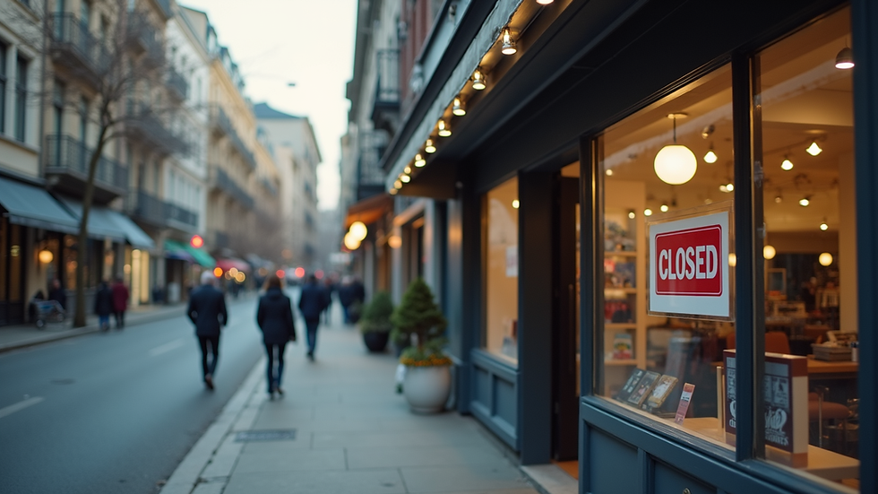 Eye-level view of a small business storefront with a closed sign