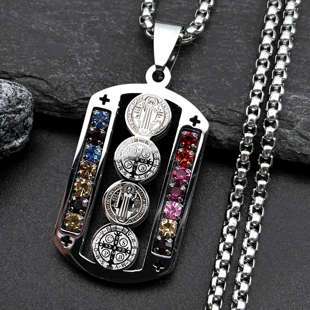 Stainless Steel Mix Color Crystal Saint Benedict Pendant Necklace Silver Color C