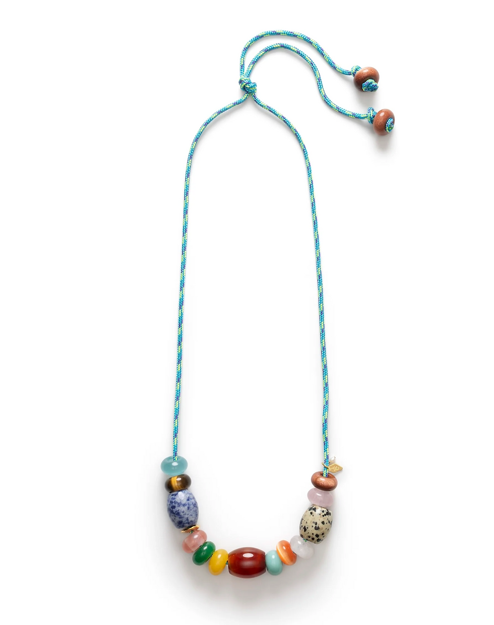 Poolside necklace in brass and 18k gold plating with paracord, dalmatian, jade, tiger eye, rose quartz, goldstone, cat’s-eye and quartz, $108; Anni Lu