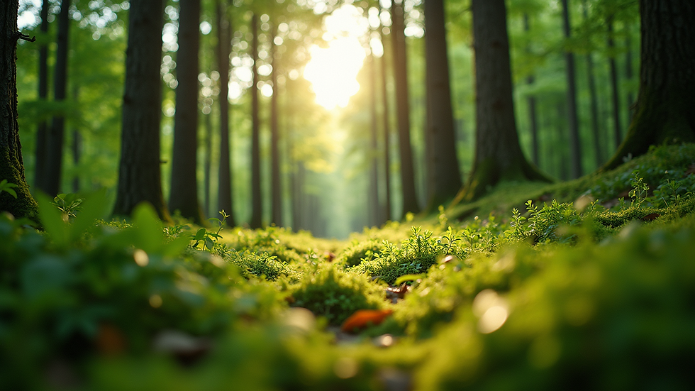 Eye-level view of a lush green forest with sunlight filtering through the trees