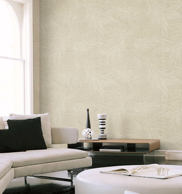 The deeply etched fronds of Della Palm transform into a lush contemporary canopy of leaves celebrating a luxury resort lifestyle, featured in soft shell beige.