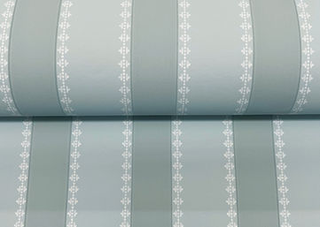 Pale blue and aqua wallpaper with awning stripes with simple, white decorative stitched detailing
