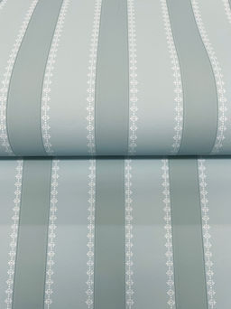 Pale blue and aqua wallpaper with awning stripes with simple, white decorative stitched detailing