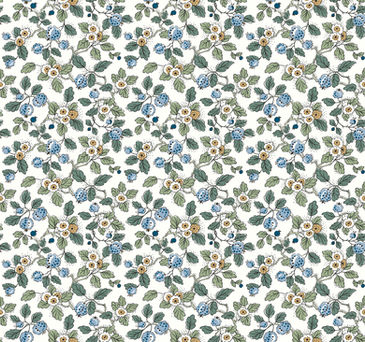 Ripe berries share the vine with floral blooms in the dense greenery of charmingly illustrated pattern Framboise. Featured here with a palette of sky blue, indigo, sea green, light green, butter yellow, and white.