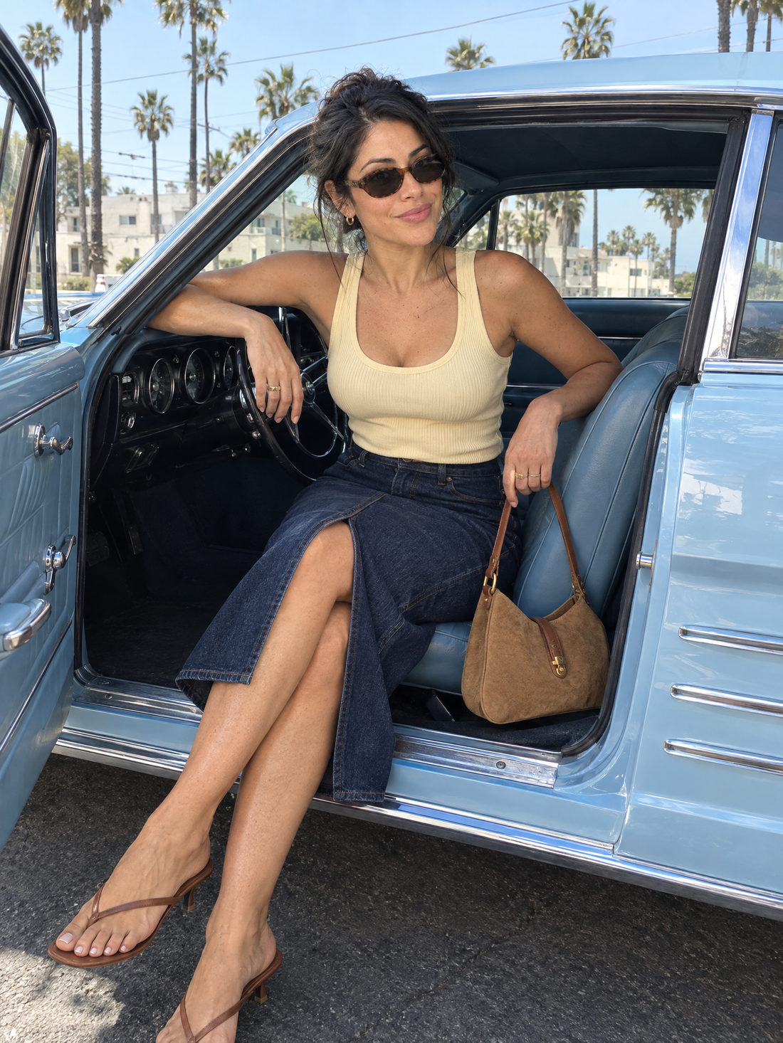 Palm Street Vintage Car — AI-created example on a woman