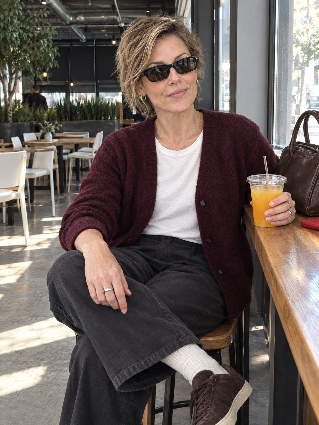 Window Counter Coffee Break — AI-created example on a woman