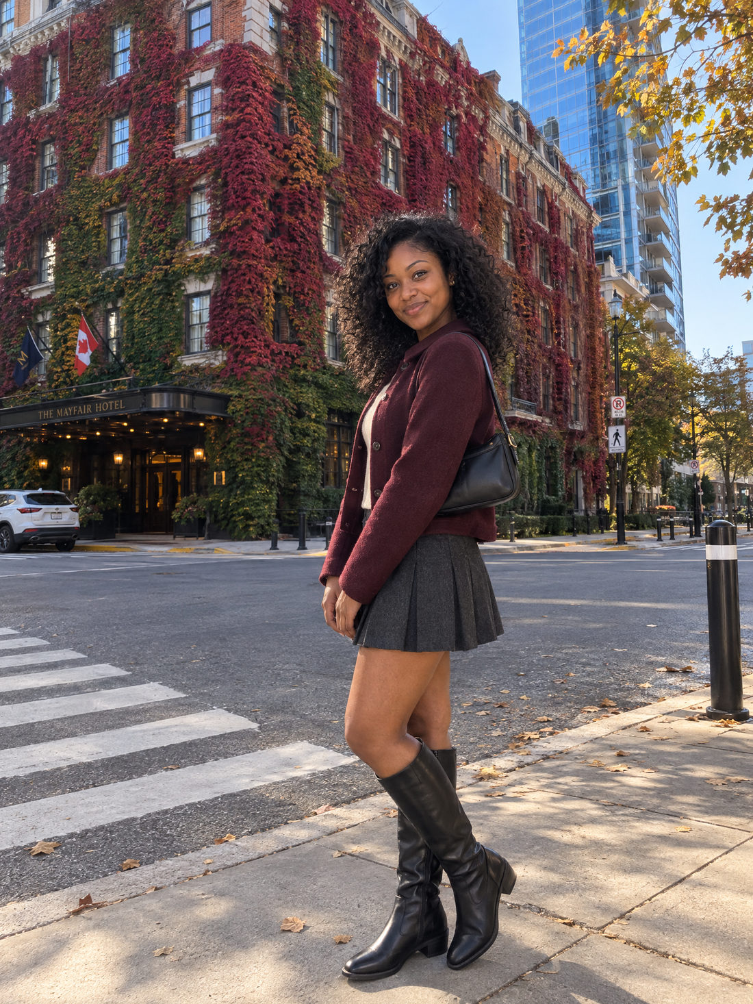 Autumn Ivy Street Corner — AI-created example on a woman