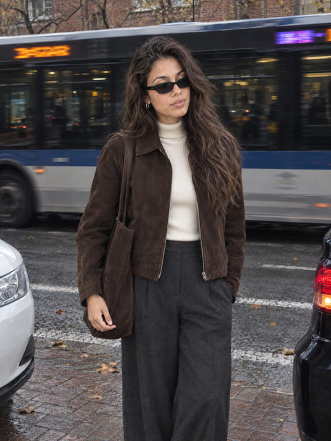 Passing Bus in Chocolate Suede — AI-created example