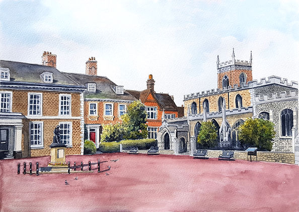 A beautiful watercolour illustration of Huntingdon, Cambridgeshire by artist Anna Anderson