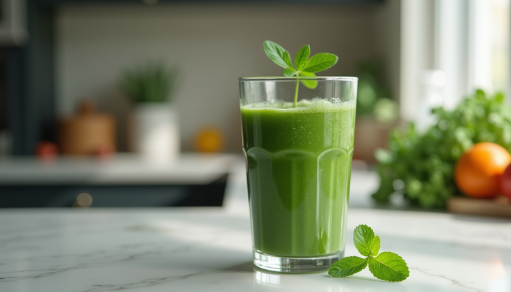 Close-up view of a glass of iron-rich spinach smoothie on a kitchen counter