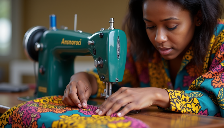 Close-up view of a woman sewing an Ankara dress with vibrant fabric