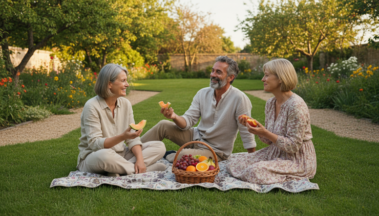 Wide-angle view of three adults sitting on a picnic blanket in a peaceful garden