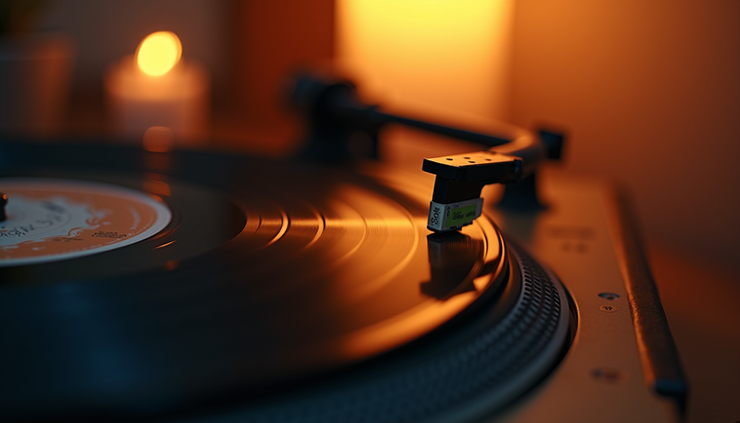 Close-up of a vinyl record player spinning a record