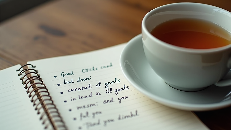 Close-up view of a notebook with handwritten goals and a cup of tea