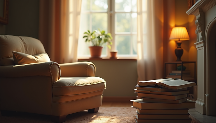 Close-up view of a softly lit reading nook with a comfortable chair and a stack of books