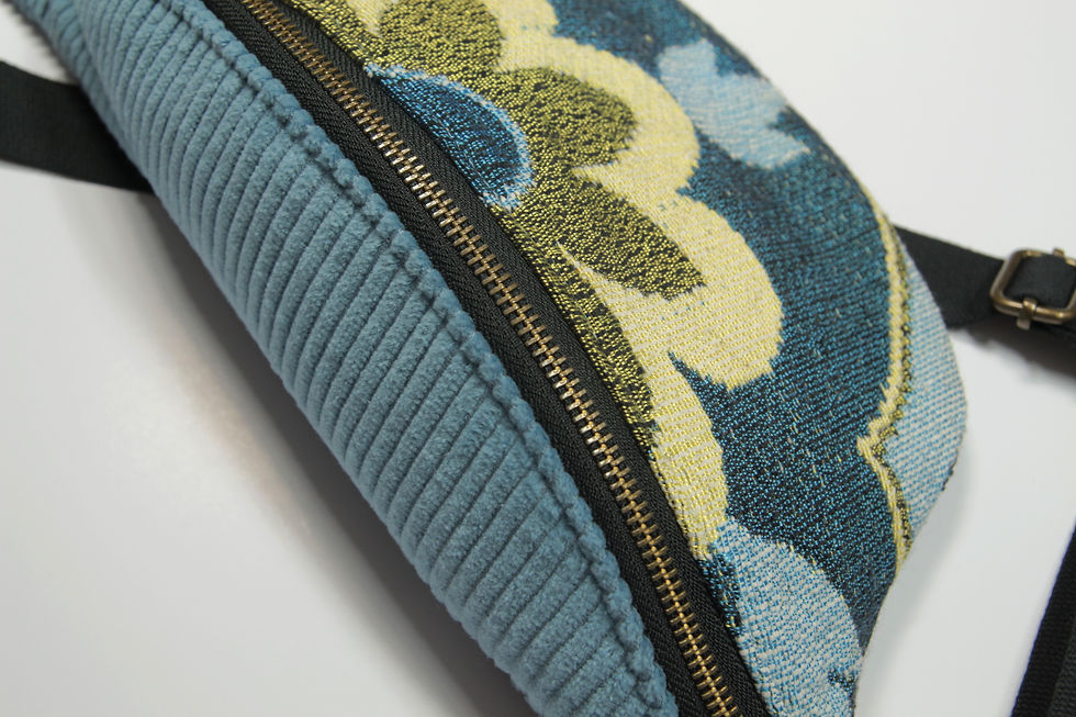 Thumbnail: Blue jacquard waist bag made with communist era fabric