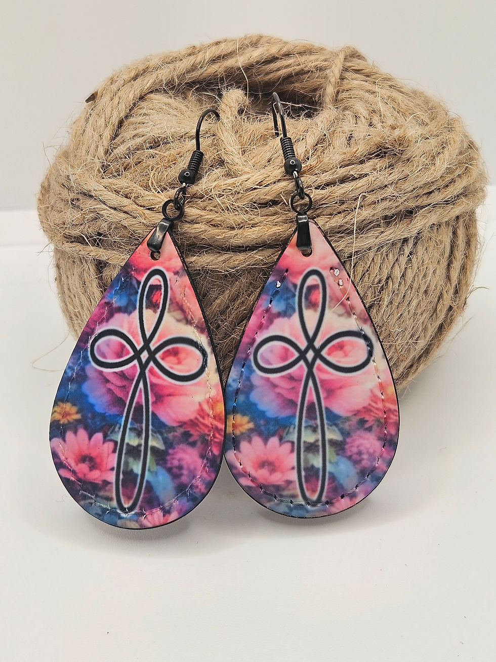 Thumbnail: Cross Blue and Purple Floral Faux Leather Teardrop Earrings 190