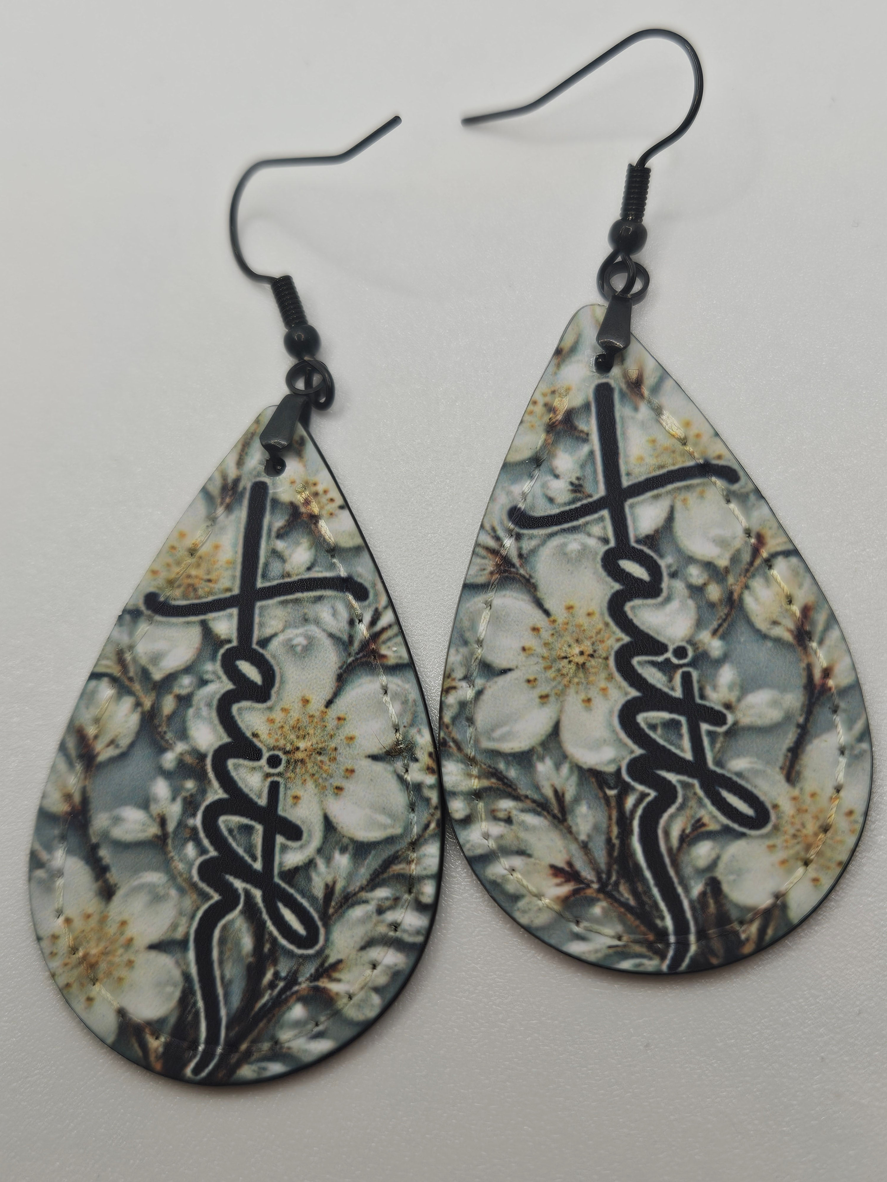 Vintage White Floral Faith Faux Leather Teardrop Earrings 247