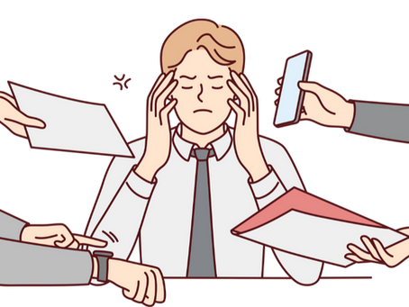 A stressed person sits with closed eyes and hands on temples. Multiple hands offer papers and a phone. The mood is overwhelming.