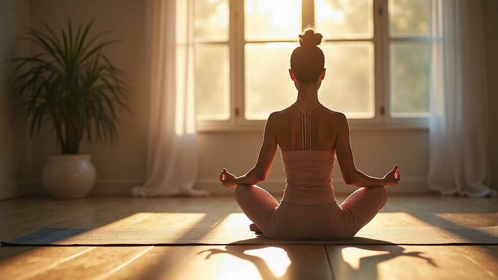 Eye-level view of a woman practicing yoga in a serene environment