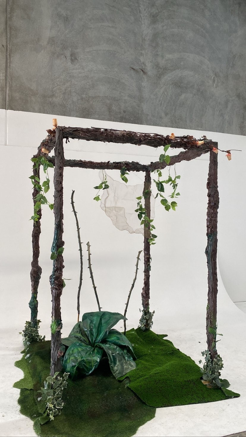 Abstract nature art installation with moss and vines.