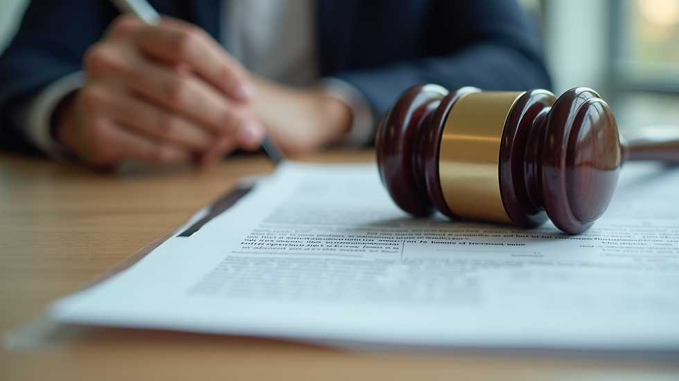 Close-up view of a legal document with a gavel beside it