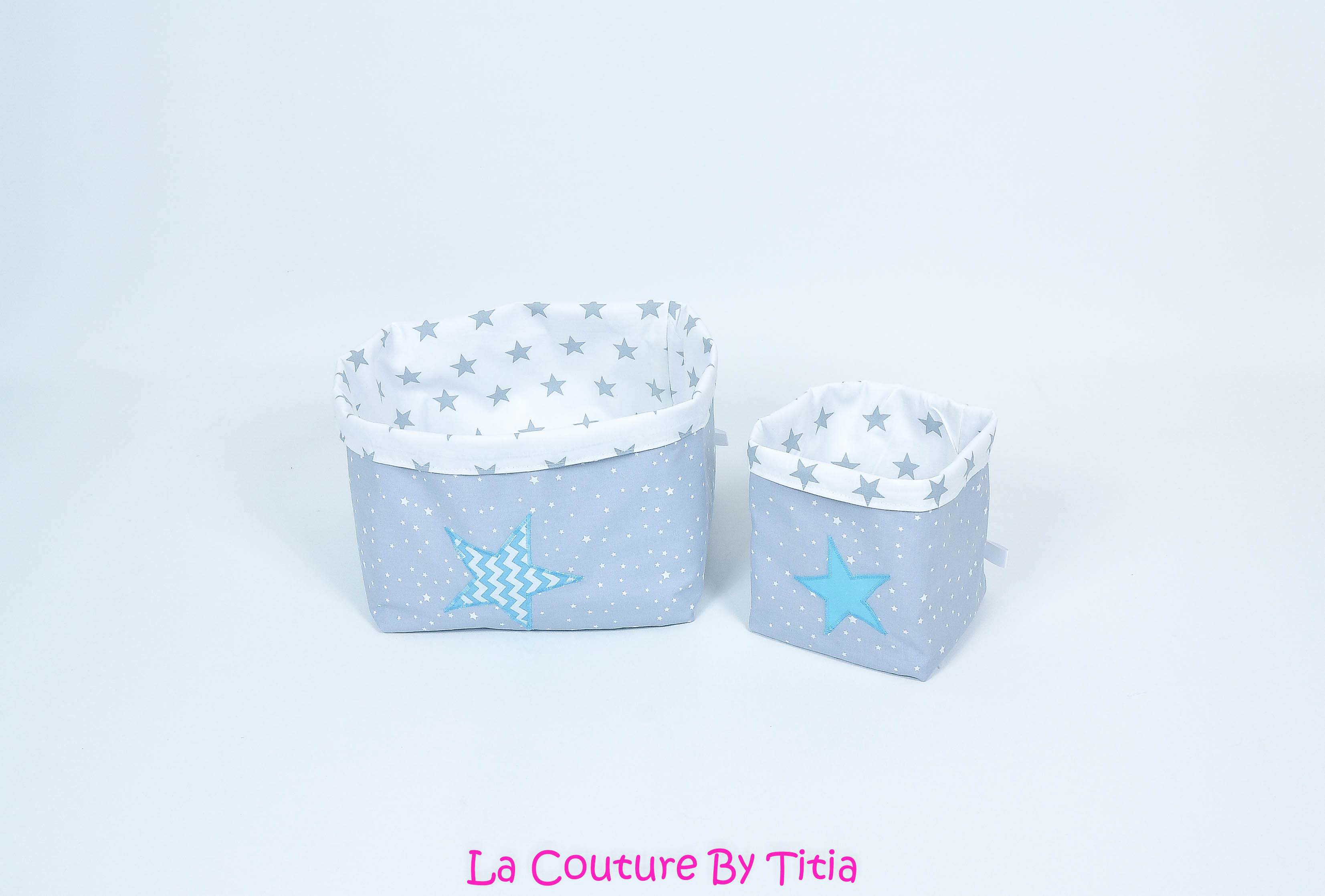 Lot de 2 panières corbeilles de rangement gris, chevron et étoiles turquoise