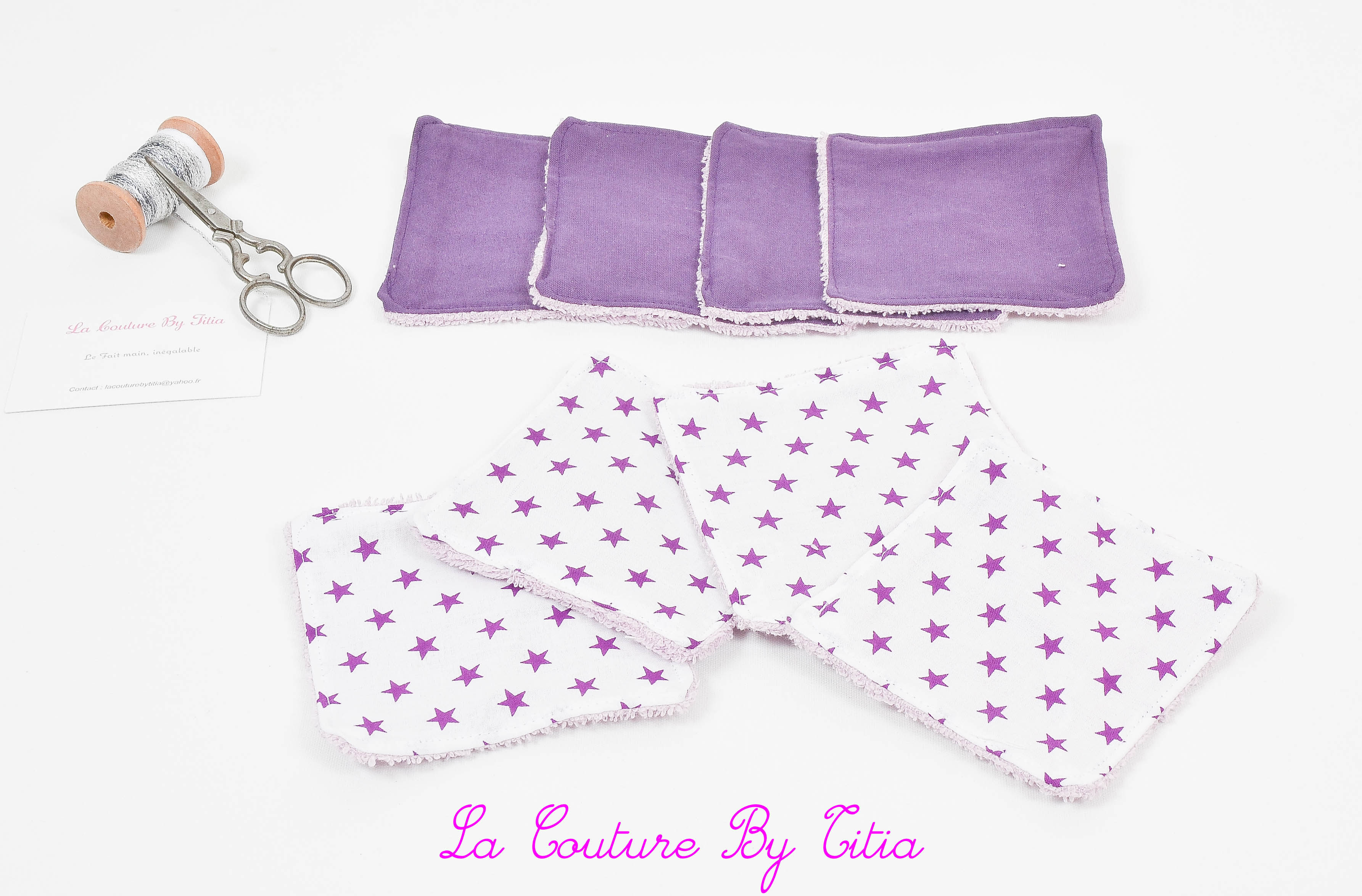 Lot de 8 lingettes éponge lavables, réutilisables blanc et étoiles violet