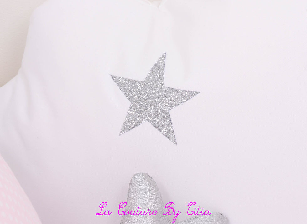 Miniature : Tour de Lit nuage 5 coussins rose pois, minky blanc, étoiles et hérisson argent