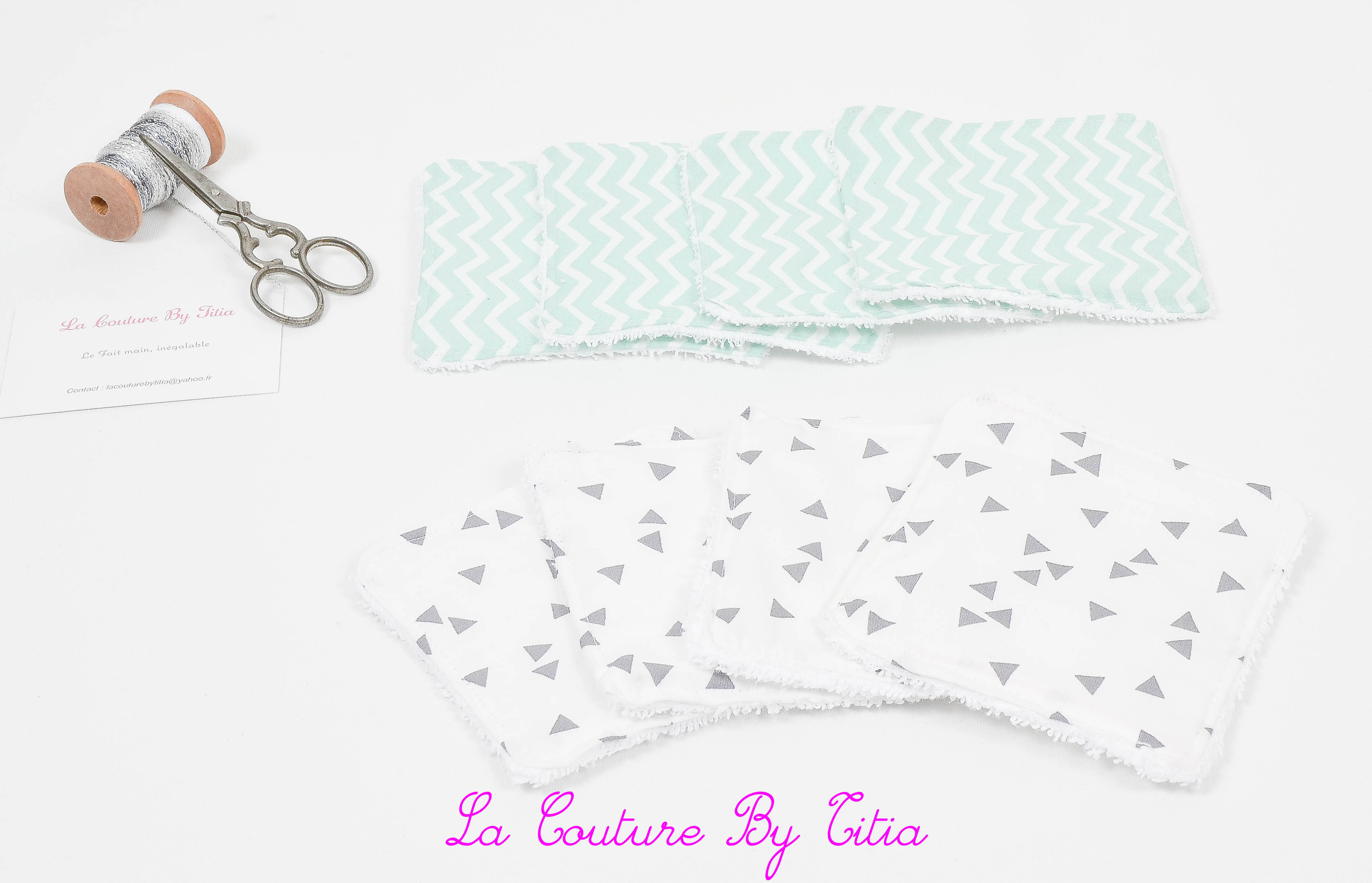 Lot de 8 lingettes éponge lavables, réutilisables chevrons vert, blanc et gris