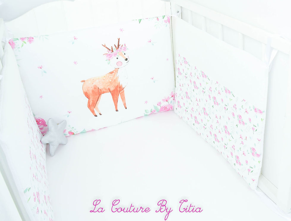 Thumbnail: Tour de Lit biche fleurs, plumetis blanc et rose