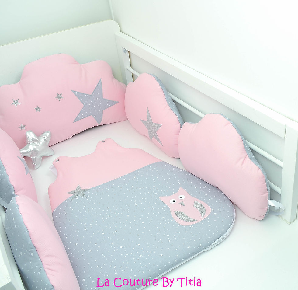 Thumbnail: Cloud bed bumper and sleeping bag silver and pink sequins and gray stars