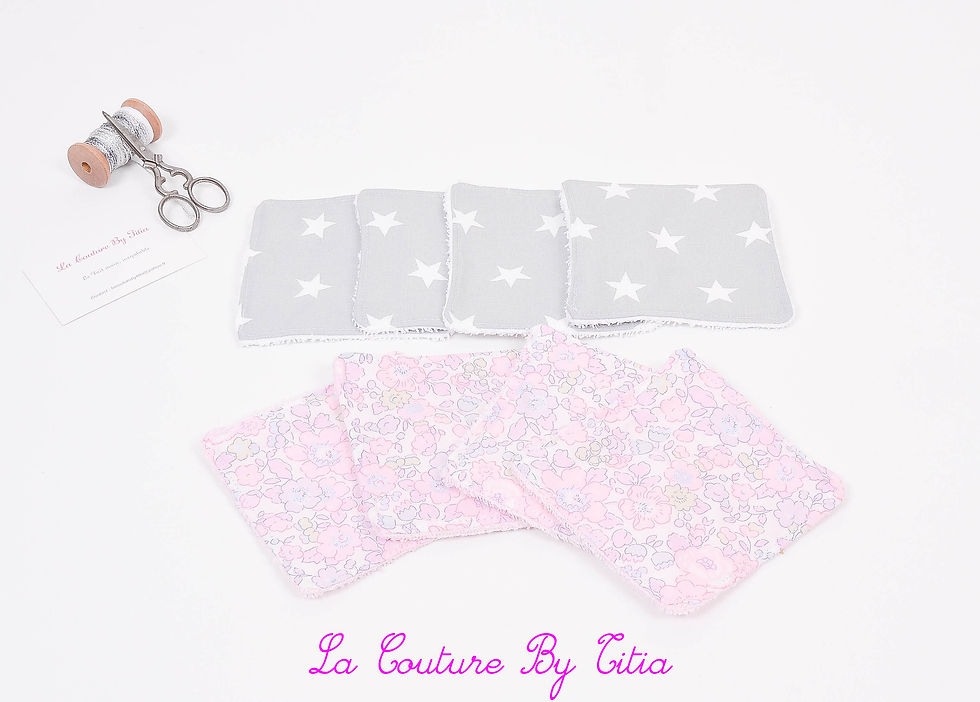 Lot de 8 lingettes éponge lavables, réutilisables gris étoiles et  Liberty mitsi