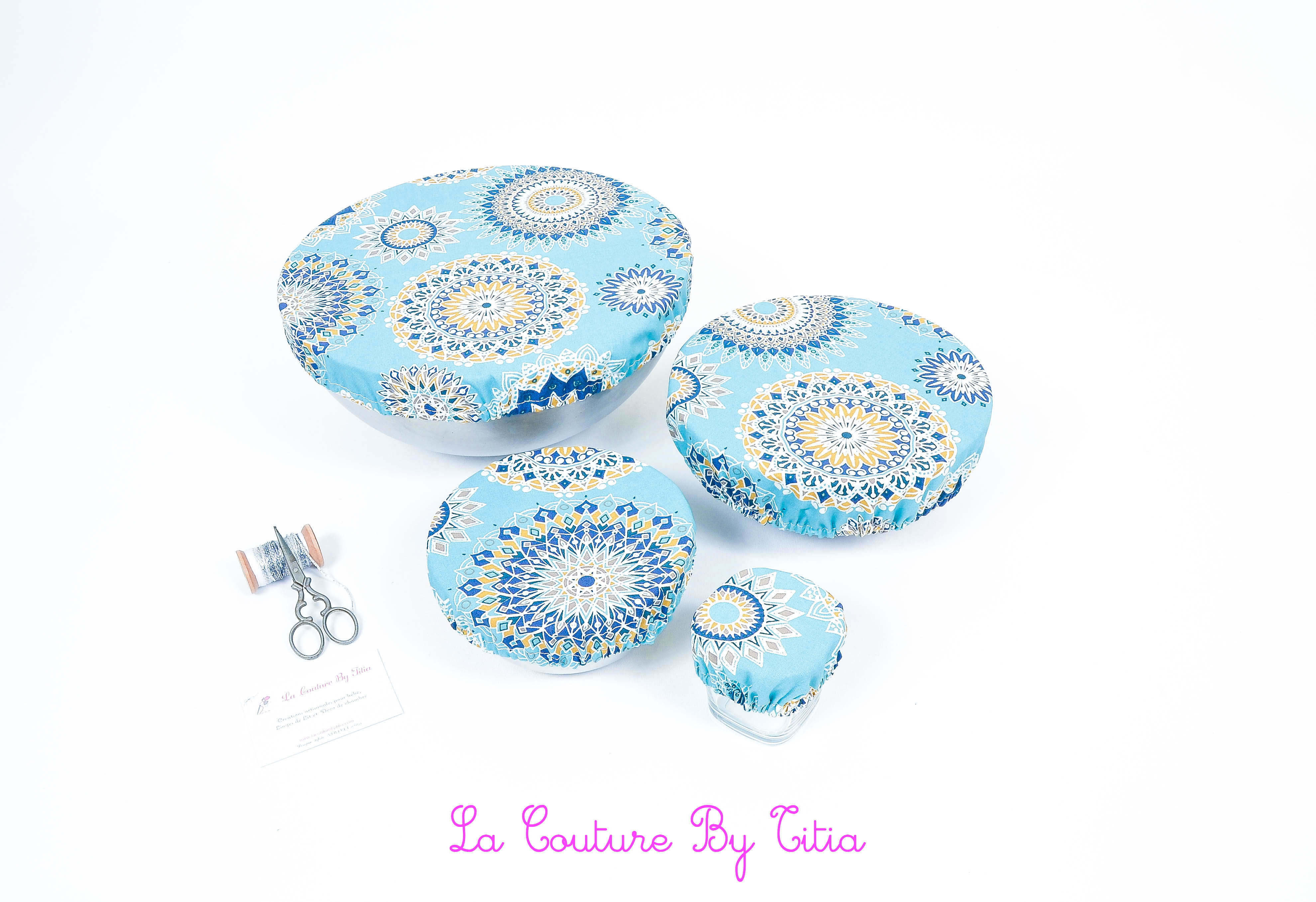 Lot de 4 charlottes alimentaires, couvre plat enduit japonais mandala bleu