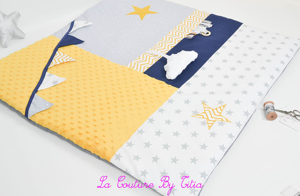 Thumbnail: Play mat, navy playpen, gray, chevron and mustard yellow stars