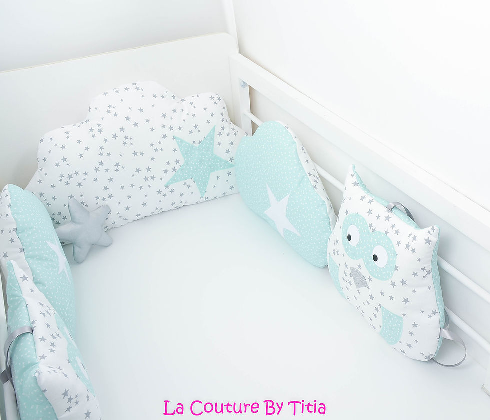 Thumbnail: Owl cloud bed bumper 5 cushions rain of stars, gray and green water stars