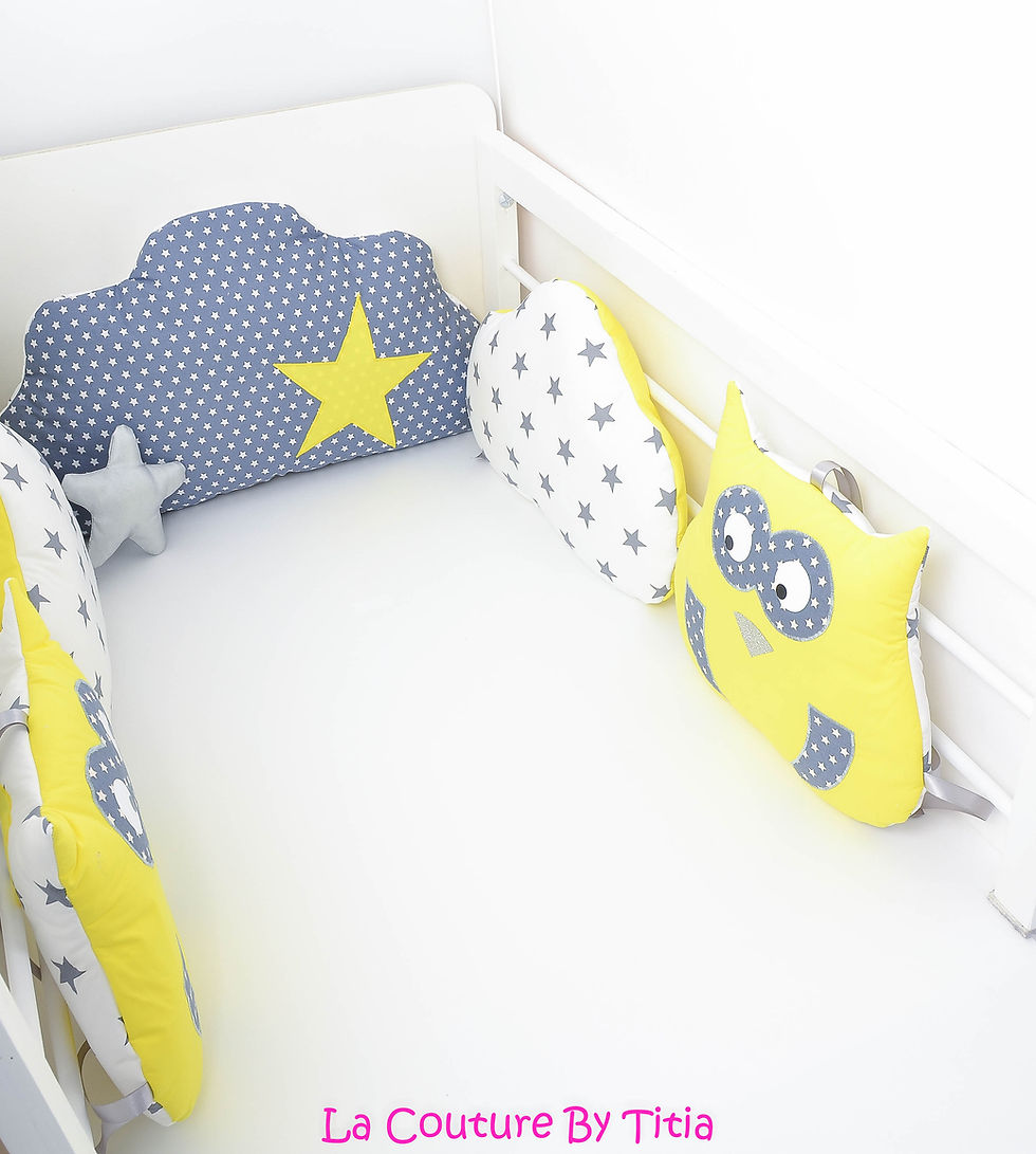 Miniature : Tour de Lit nuage hibou 5 coussins gris étoiles blanc et hibou jaune